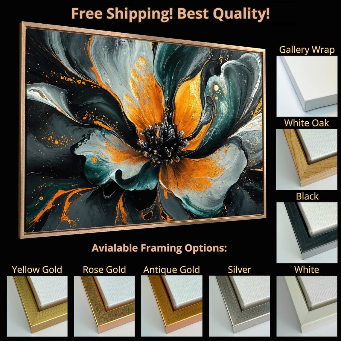 Gorgeous Abstract Fluid Flower Black Teal Orange Gold Bloom Art Print - Image 5