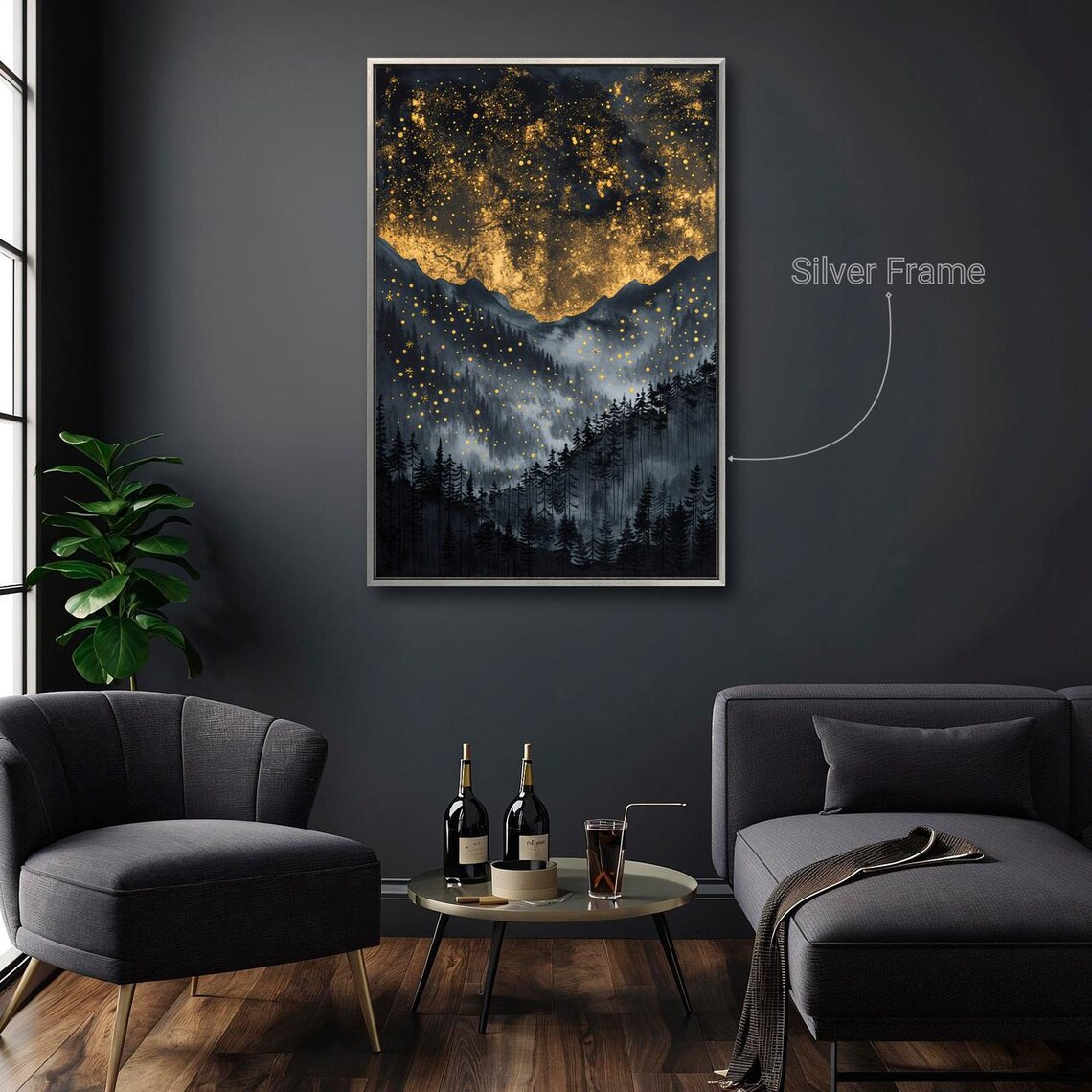Starry Night Sky Gold Stars Dark Mountain Pine Forest Fantasy Art Poster - Image 4