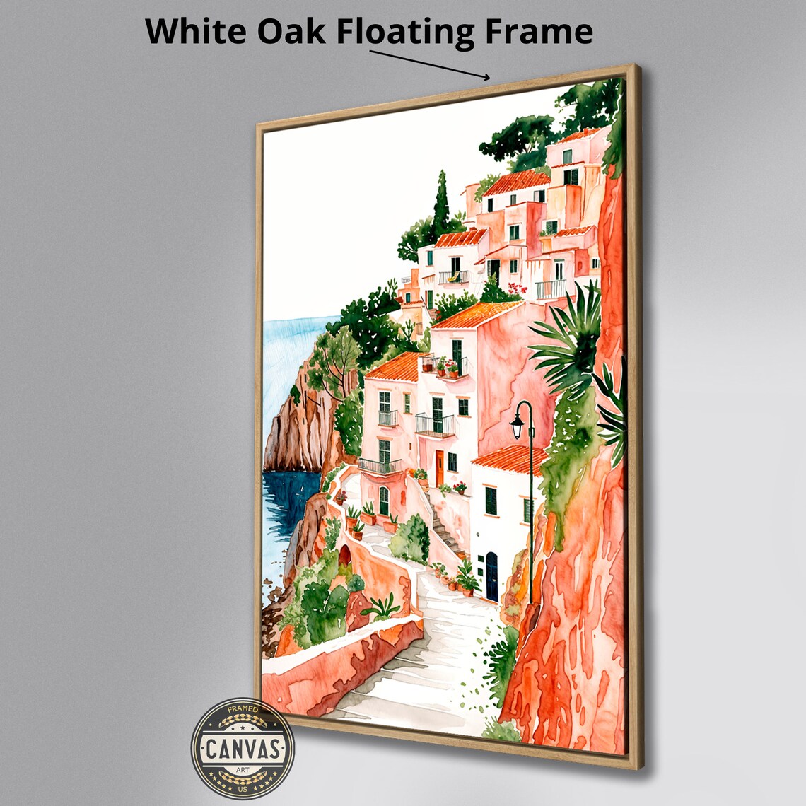 Sunny Mediterranean Coastal Village Cliff Watercolor Travel Poster - Image 3
