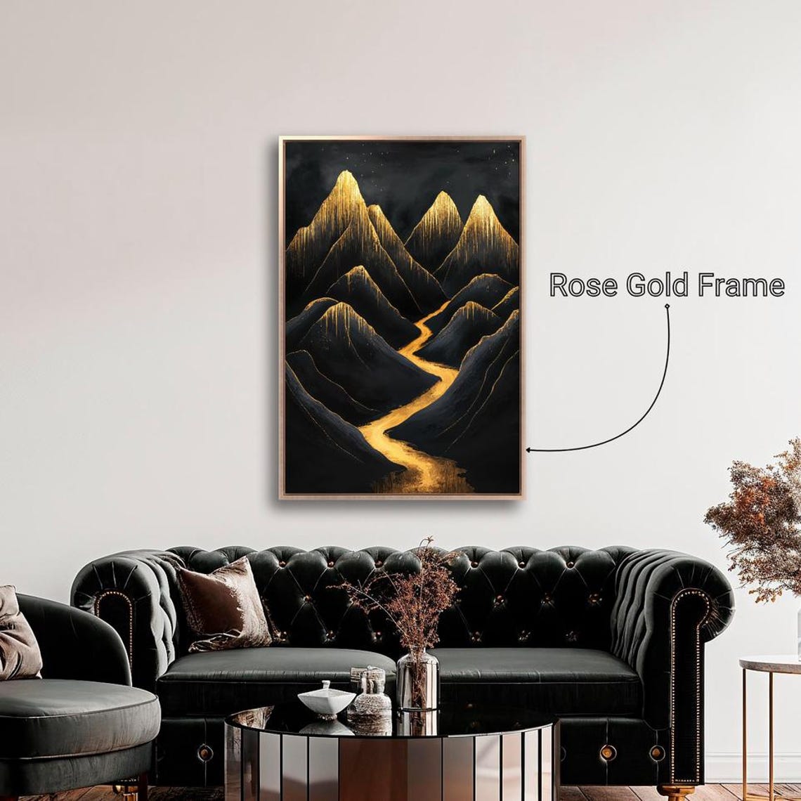 Black Mountain Peaks Gold Drip Ridges Golden River Art Print - Image 2