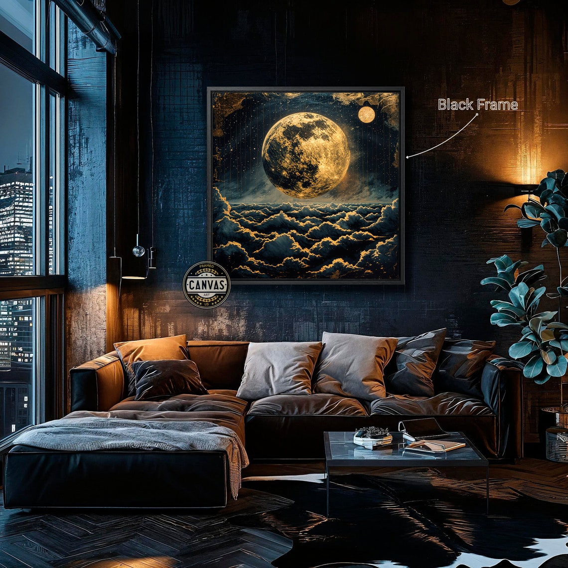 Golden Full Moon Over Moonlit Clouds Glowing Stars Art Print - Image 2