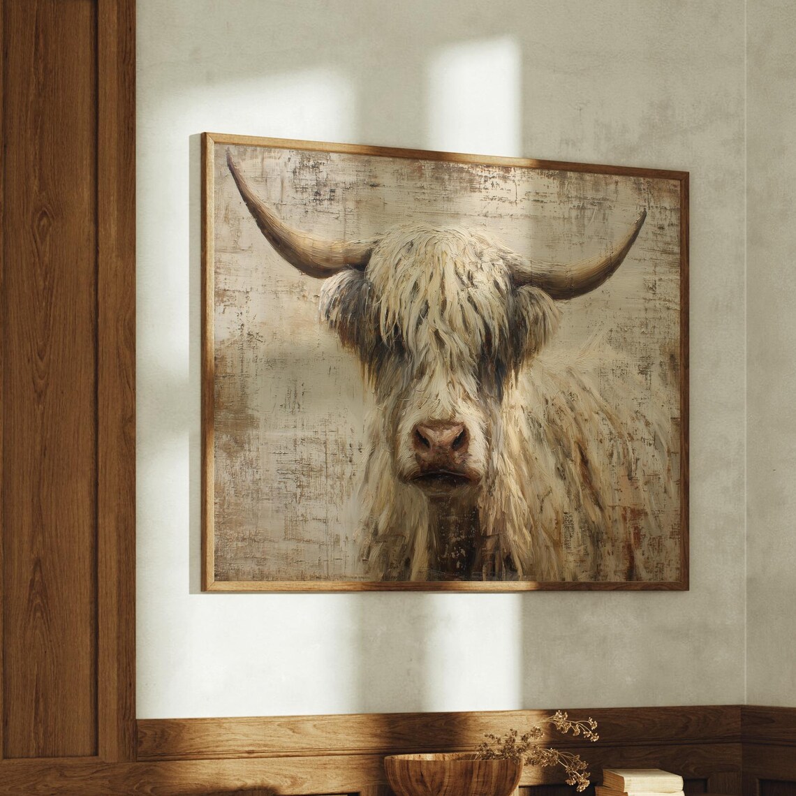 Highland Cow Shaggy Blonde Portrait Rustic Farmhouse Wall Art