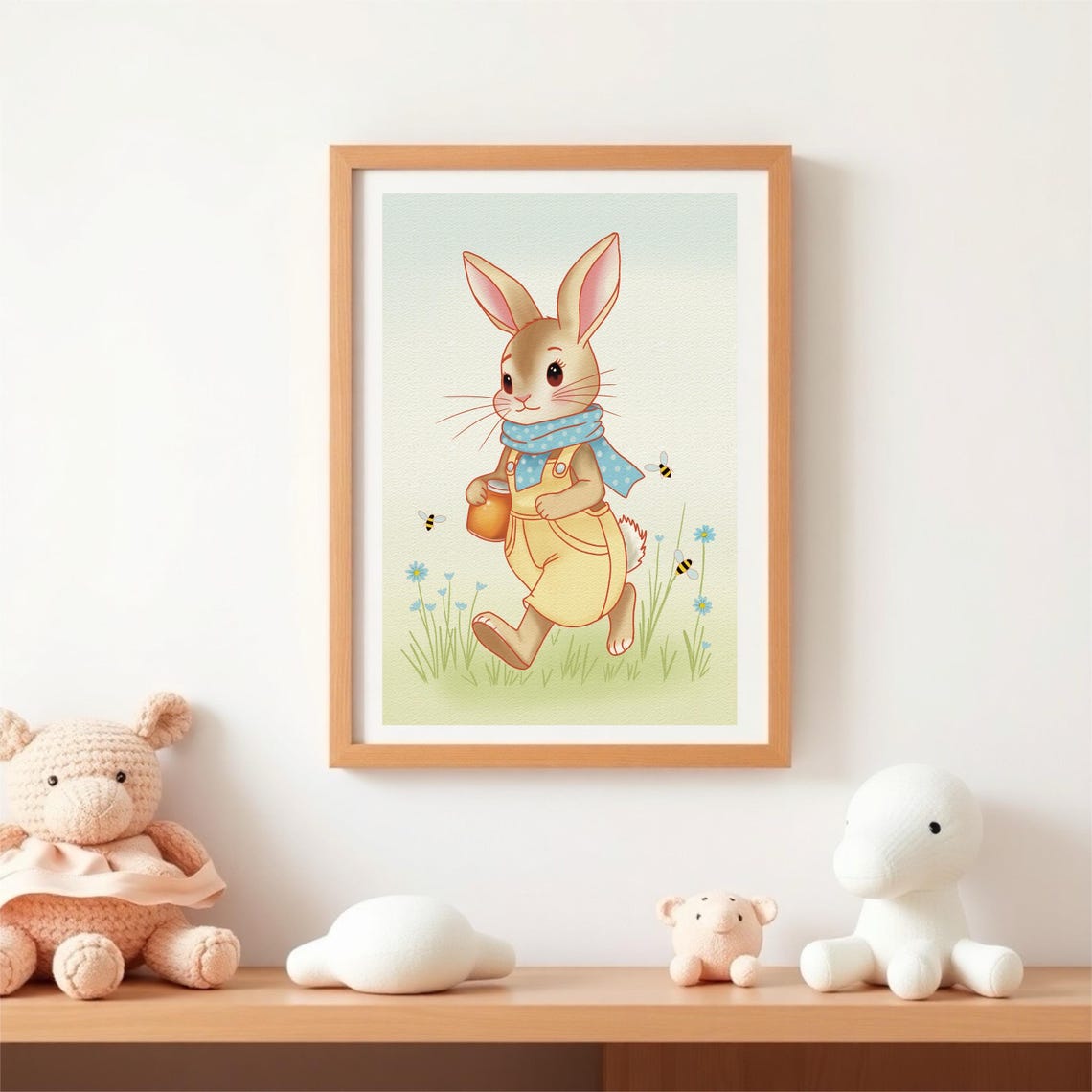 Bunny Running With Honey Jar Cartoon Spring Meadow Nursery Poster - Image 3