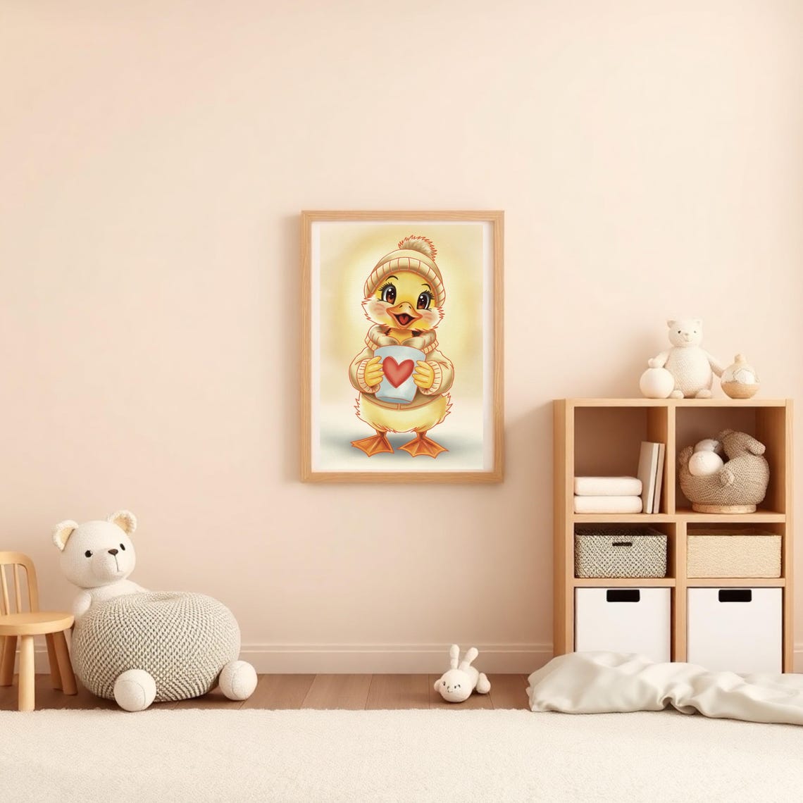 Cute Duckling Holding Heart Mug Winter Beanie Cozy Animal Poster - Image 2