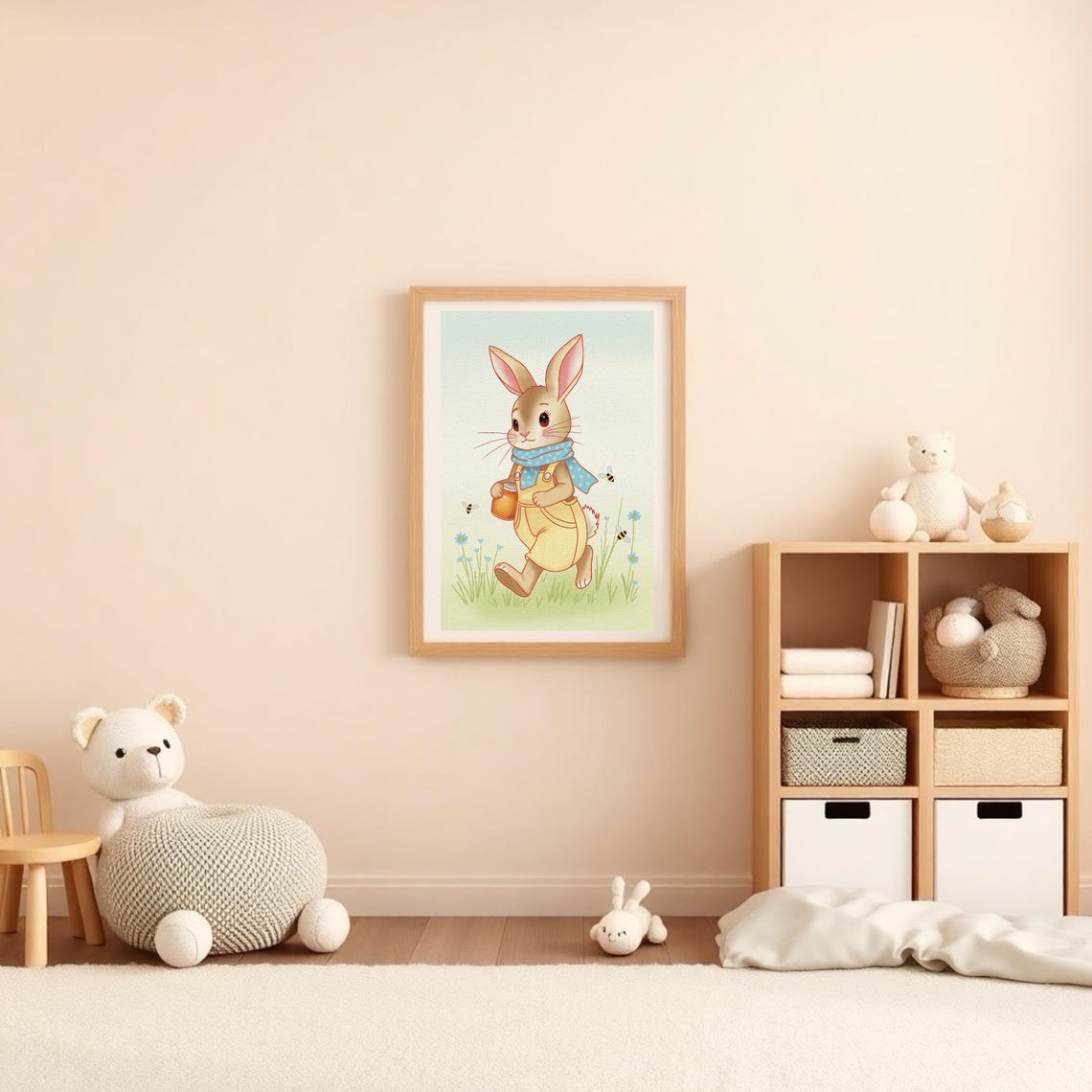 Bunny Running With Honey Jar Cartoon Spring Meadow Nursery Poster - Image 2