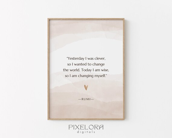 Rumi Yesterday I Was Clever Inspirational Quote Blush Watercolor Poster
