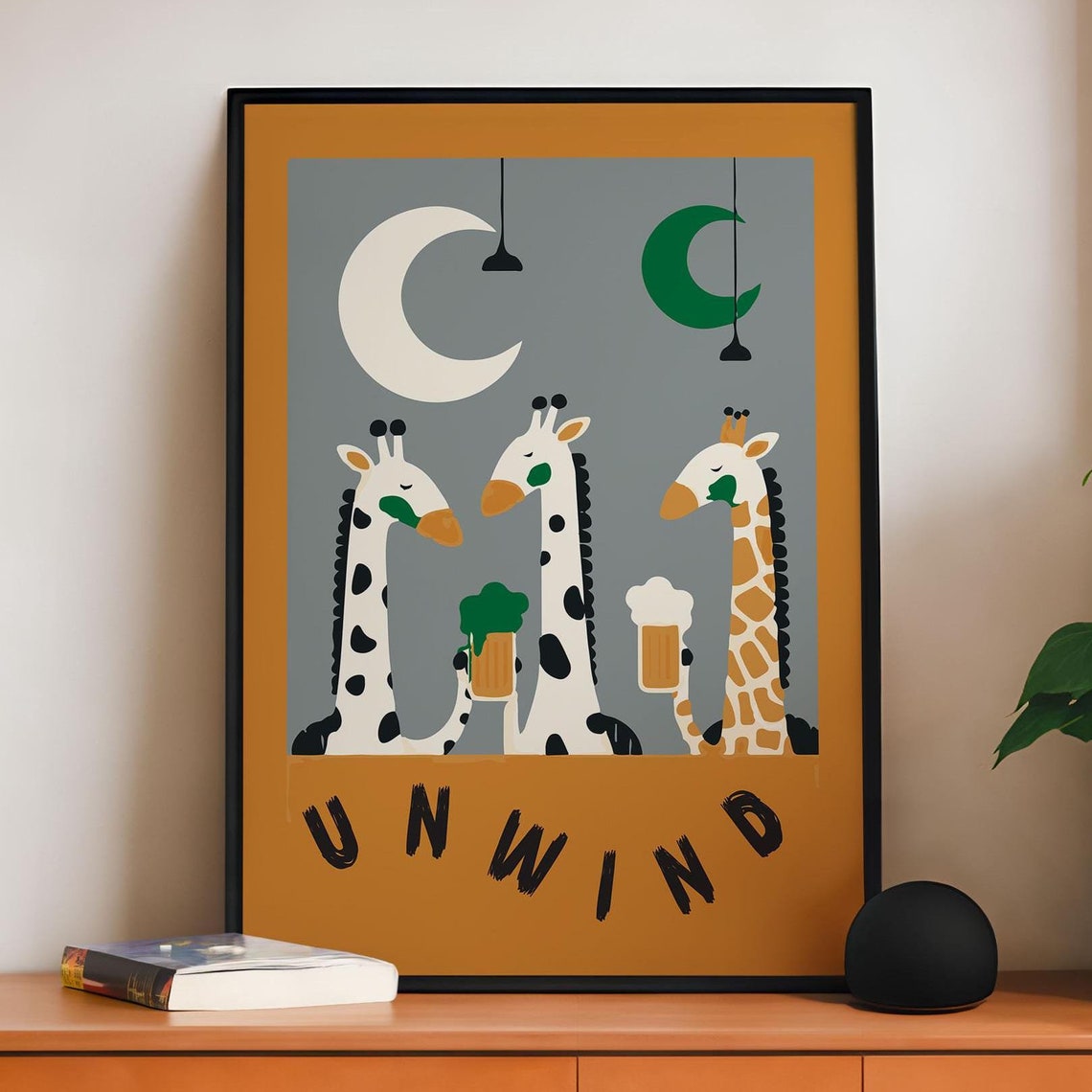Cool Unwind Giraffes Beer Mugs Moonlit Night Fun Bar Wall Art