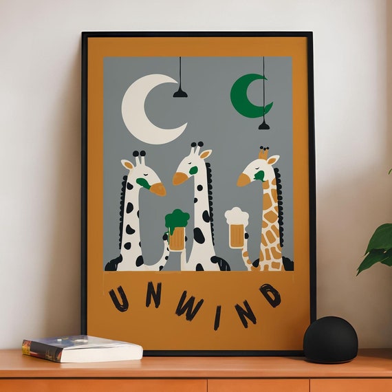 Unwind Poster With Giraffe Friends For Cool Colorful Contemporary Bar Wall Art I Quirky Animals Having Beer At Night I Maximalist Interior