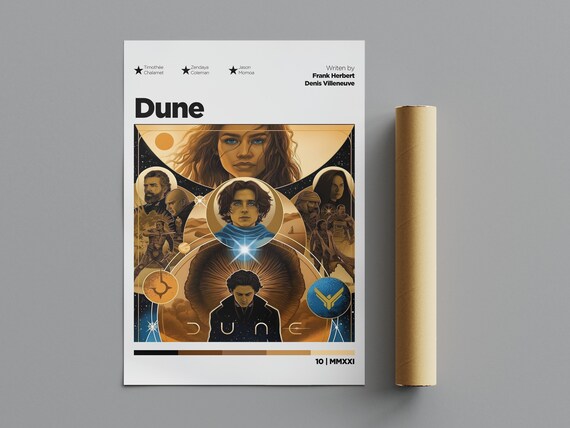 Dune Illustrated Ensemble Cast Collage Golden Epic Movie Poster