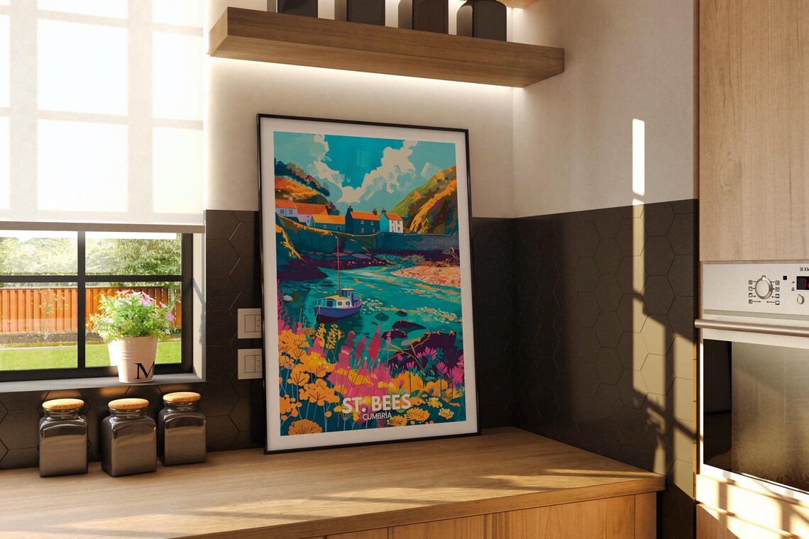St. Bees Cumbria Harbor Fishing Boat Wildflower Cove Travel Poster - Image 3