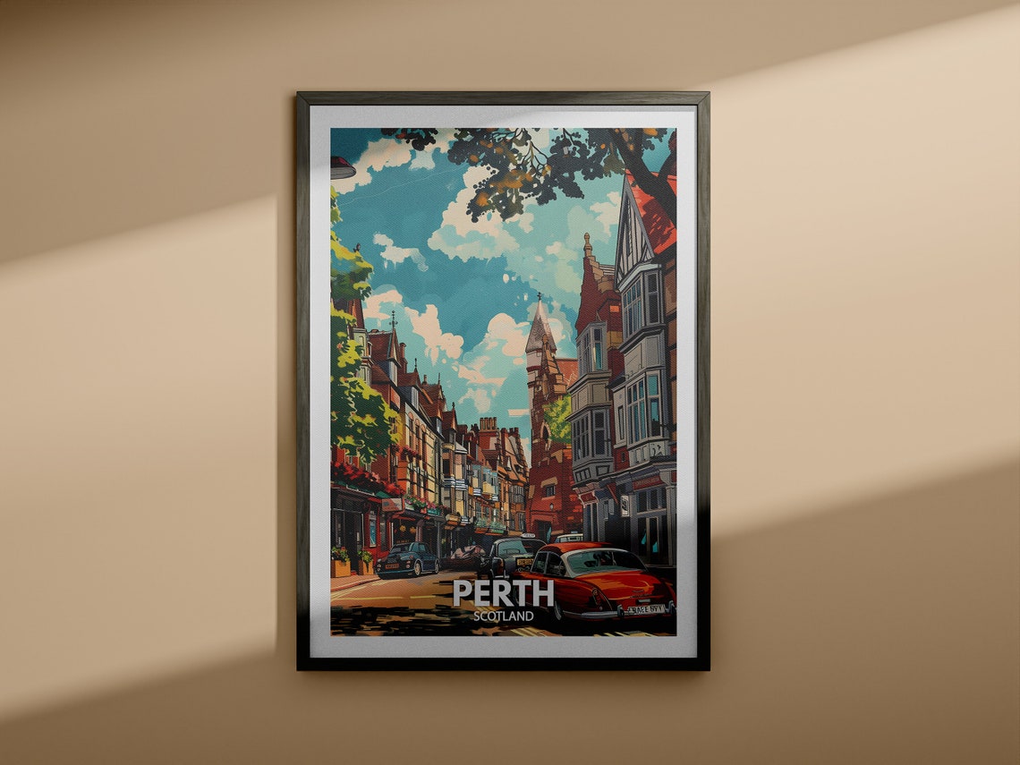 Perth Scotland Tree Lined Street Red Vintage Car Travel Poster - Image 4