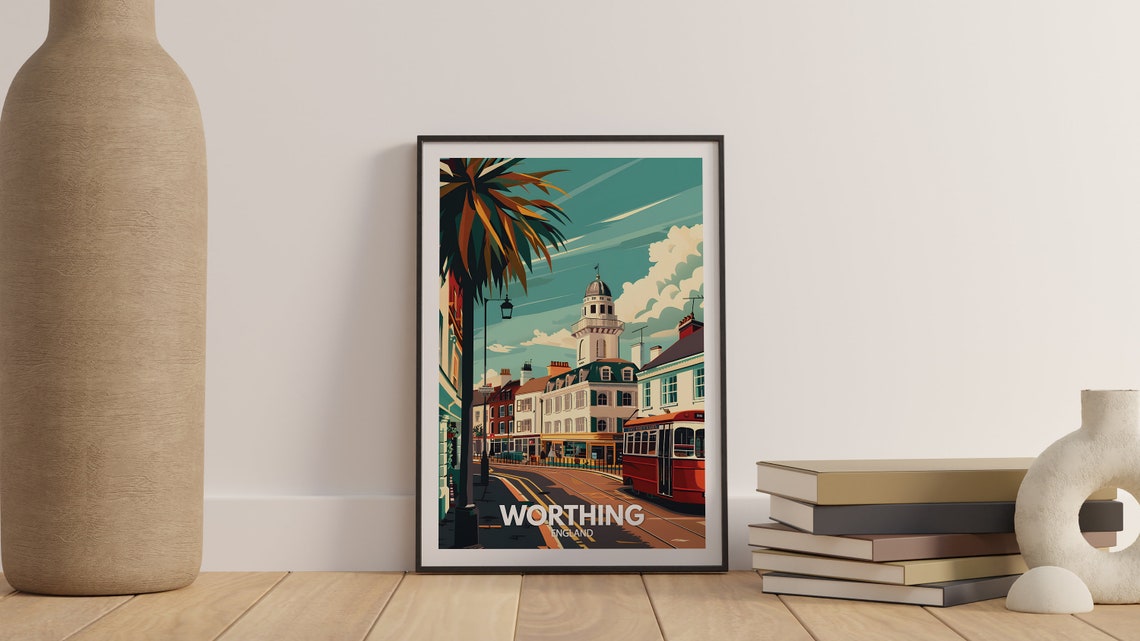 Worthing England Seafront Dome Building Classic Bus Palm Travel Poster - Image 3