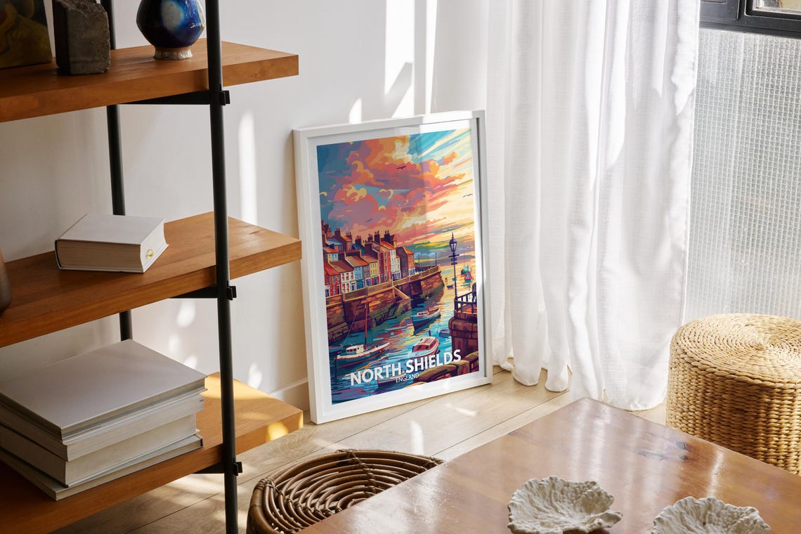 North Shields England Travel Poster Harbor Sunset Boats Colorful - Image 2