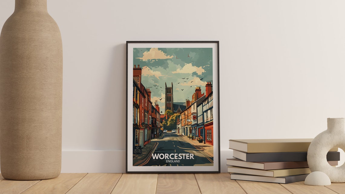 Worcester England Travel Poster Historic High Street Tower View - Image 3