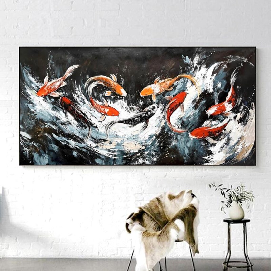 Nine Abstract Koi Oil Painting, Living Room Wall Art