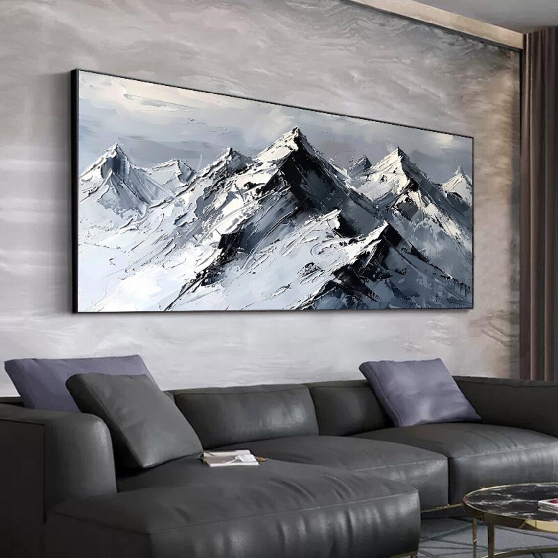 Monochrome Alpine Ridge Panorama Snowy Peaks Mountain Painting Poster - Image 3