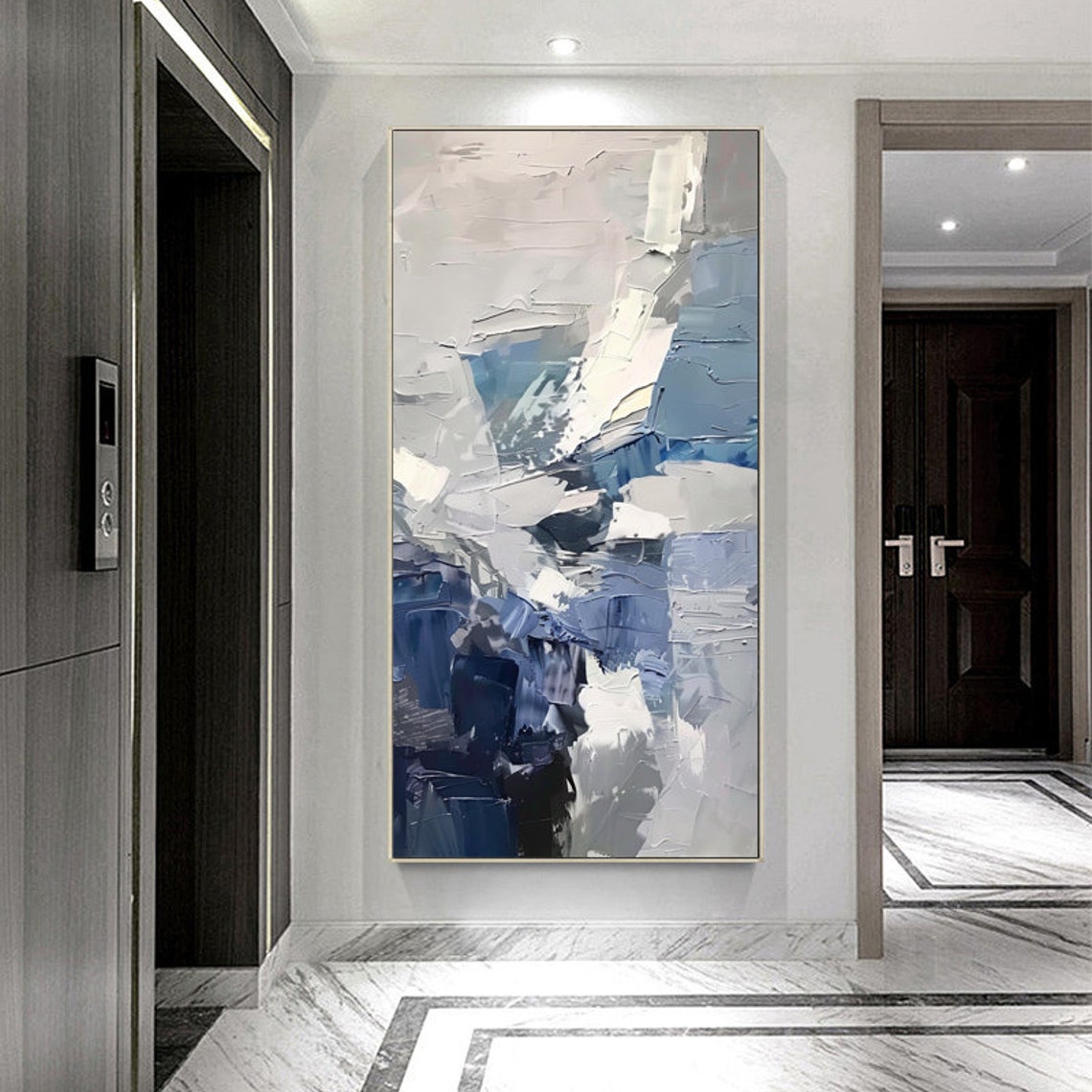 Blue Grey Abstract Vertical Palette Knife Modern Art Painting Poster - Image 4