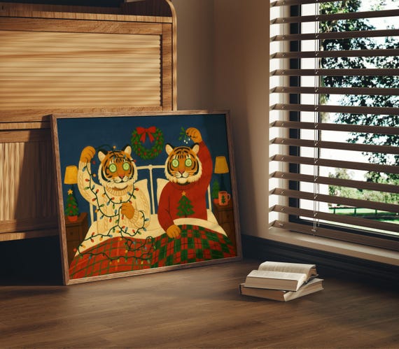 Funny Christmas Tiger Wall Art With Oak Frame Gicle Holiday Print In Natural Or Black For Cozy Home Cat Lover Gift