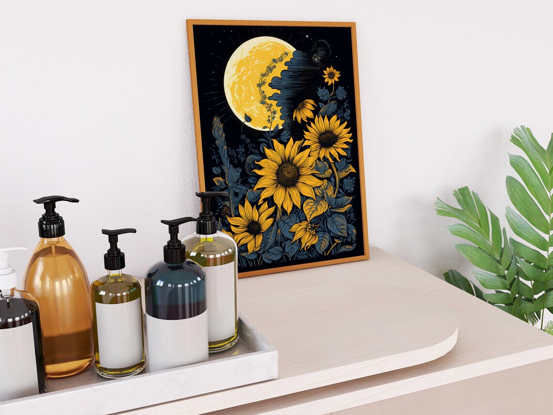 Moon and Sunflowers Vintage Block Print Art Print - Image 3