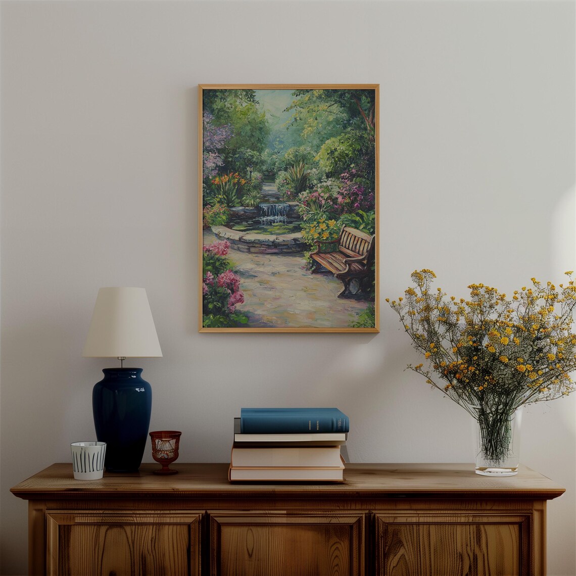 English Cottage Garden Stone Pond Waterfall and Bench Art Print - Image 3
