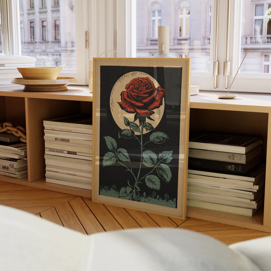 Moon And A Single Rose Vintage Block Print Art - Image 4