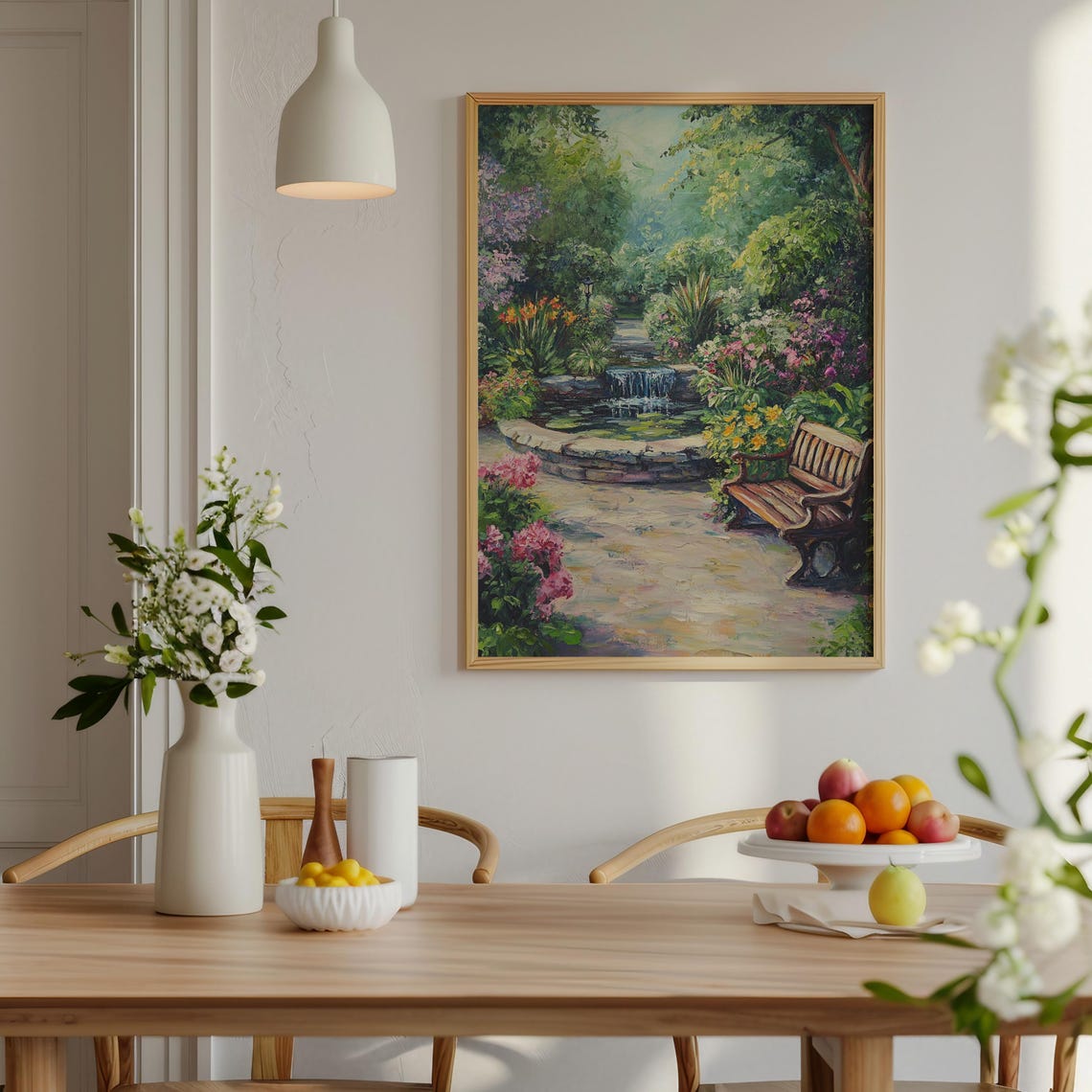 English Cottage Garden Stone Pond Waterfall and Bench Art Print - Image 2