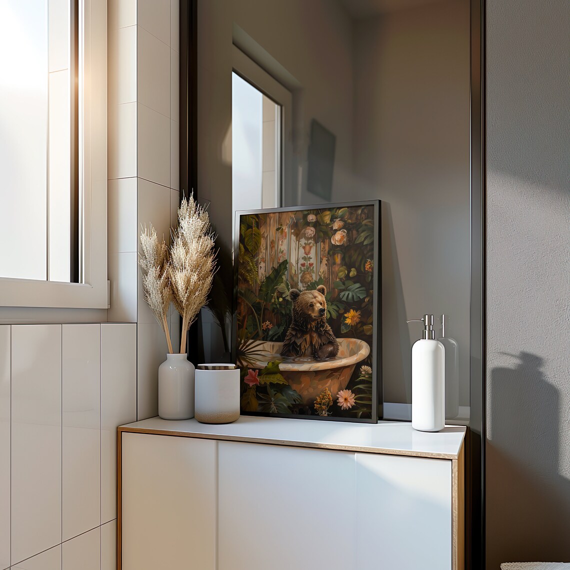 Brown Bear In Jungle Bathroom Wall Art Print - Image 4