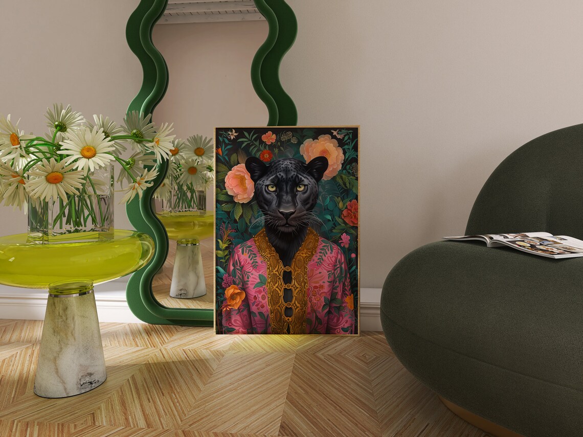 Panther Art Print, Maximalist Eclectic Floral Portrait - Image 2