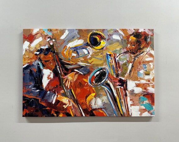 Abstract Jazz Musicians Saxophone Trumpet Oil Painting Music Wall Art