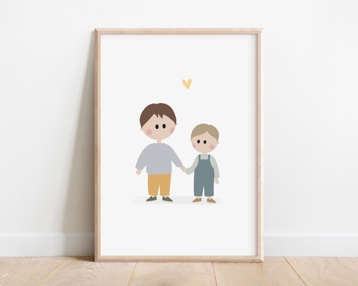 Little Brothers Holding Hands With Heart Sweet Sibling Wall Art Print