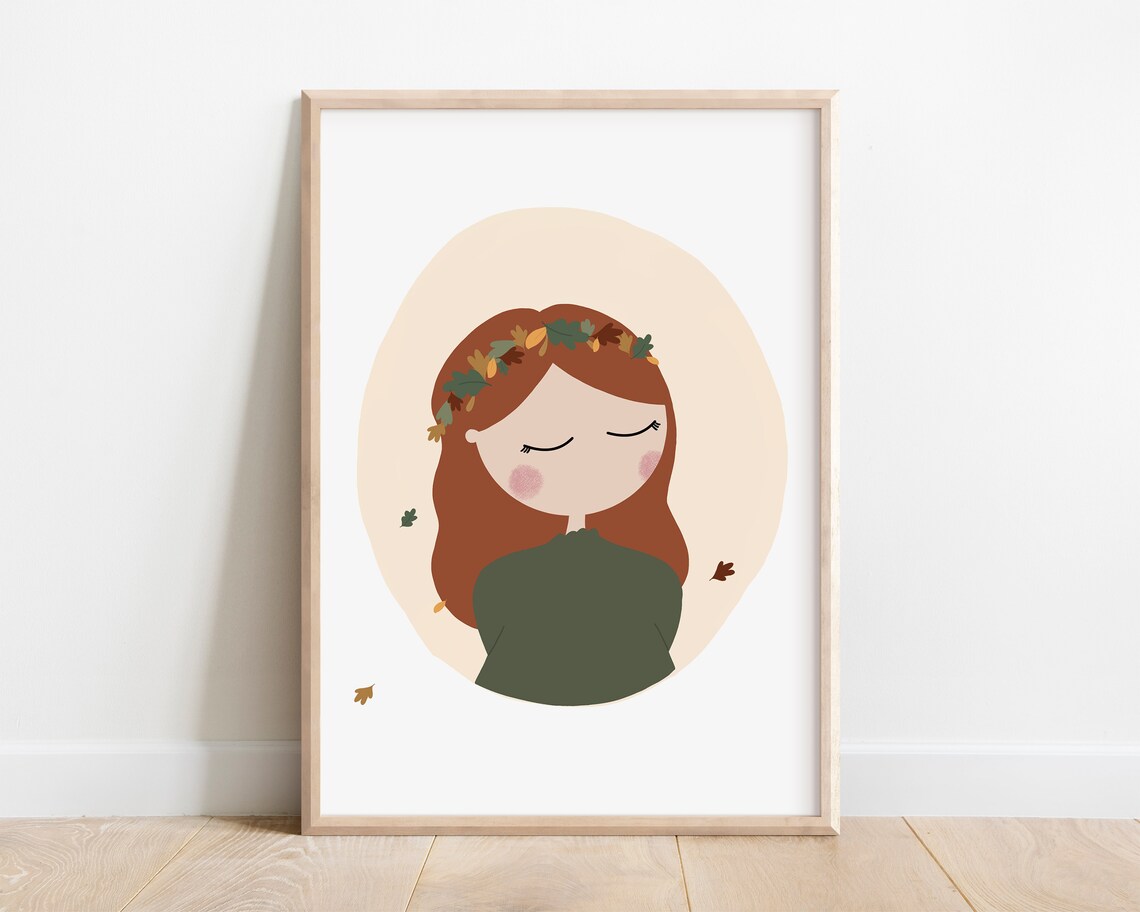 Autumn Girl Leaf Crown Fall Season Nursery Kids Decor Art Print