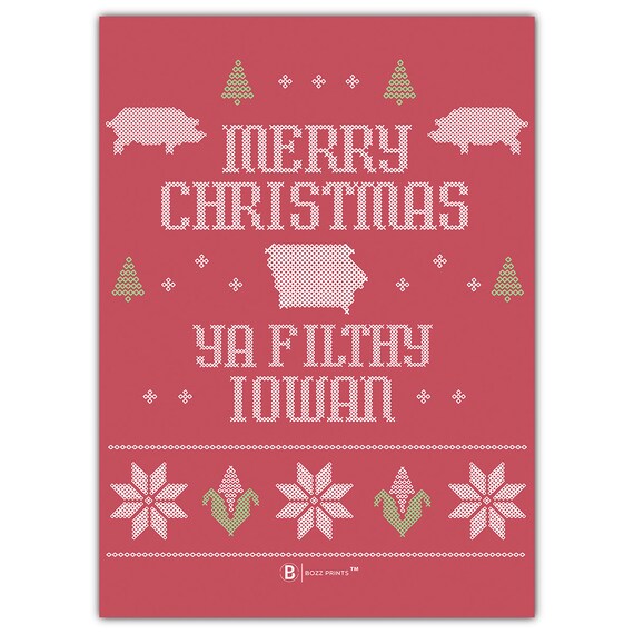 Merry Christmas Ya Filthy Iowan Red Cross Stitch Holiday Poster