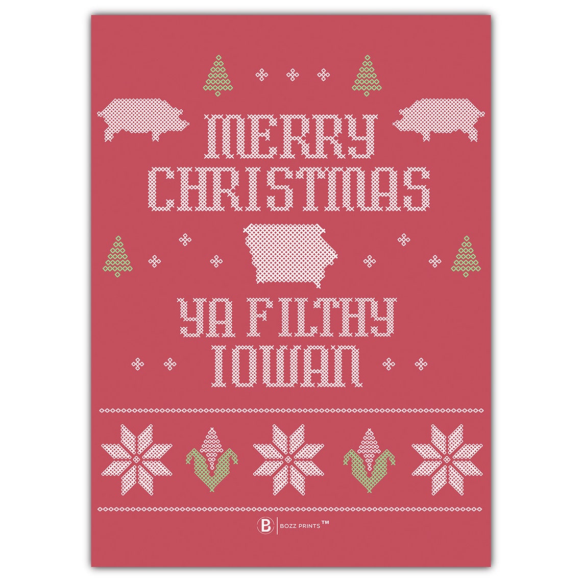 Merry Christmas Ya Filthy Iowan Red Cross Stitch Holiday Poster
