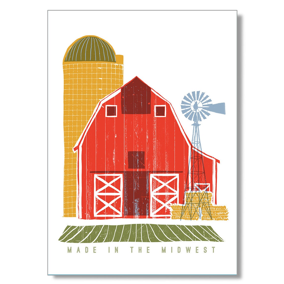 Made in the Midwest Red Barn Silo Windmill Farm Folk Art Poster