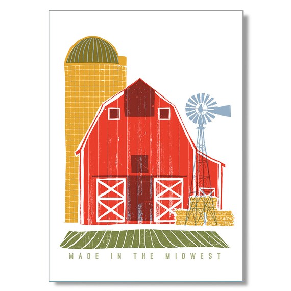 Made in the Midwest Red Barn Silo Windmill Farm Folk Art Poster