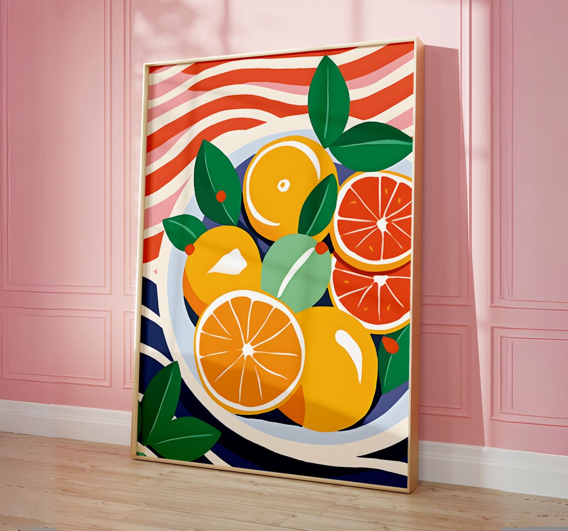 Orange Citrus Fruit Bowl Retro Striped Kitchen Decor Art Poster - Image 2