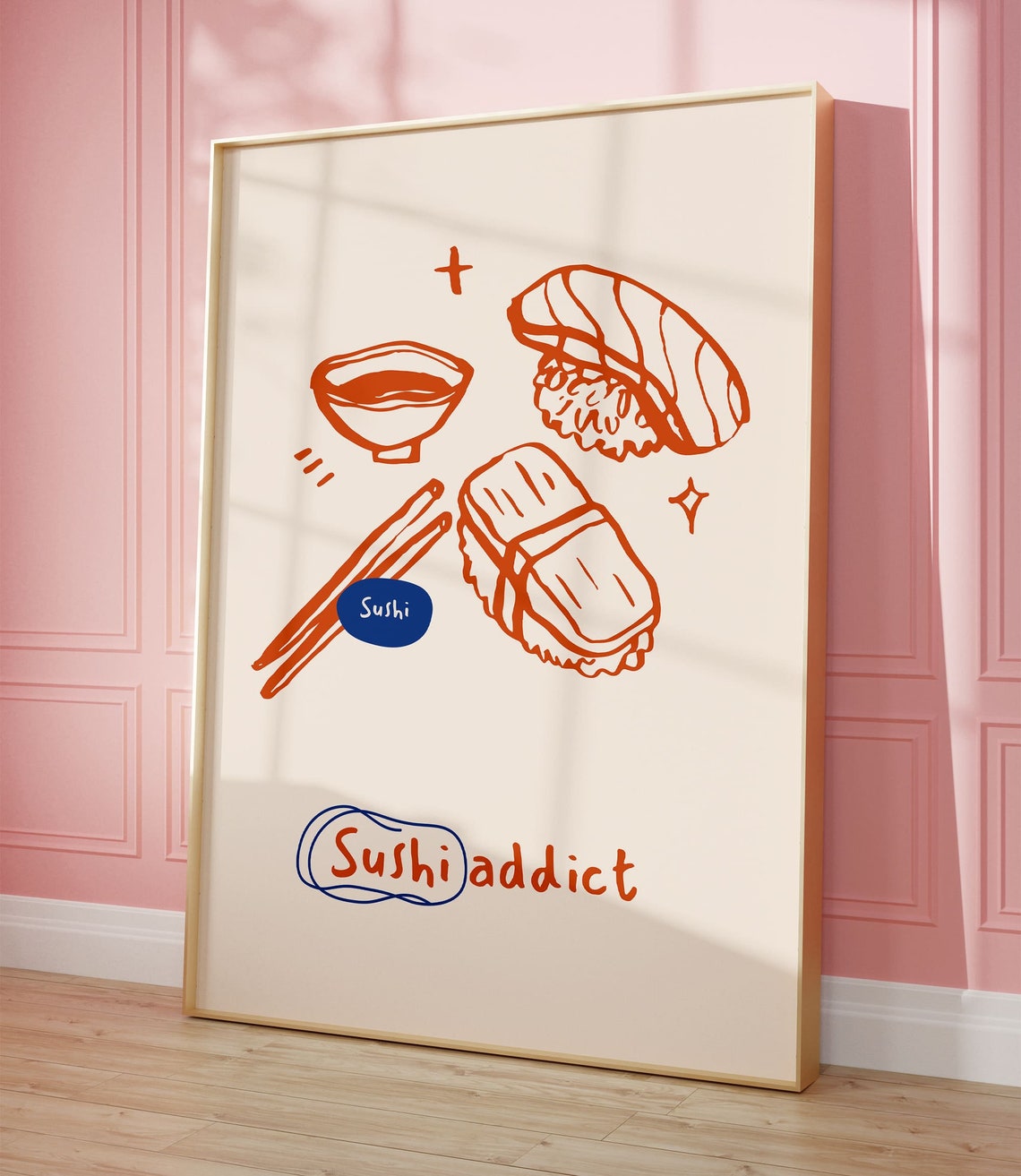Sushi Addict Hand Drawn Nigiri Orange Line Art Kitchen Poster