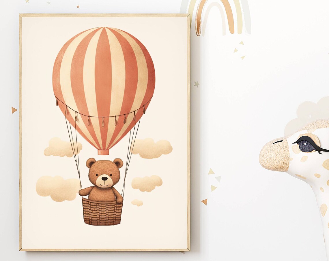 Teddy Bear In Hot Air Balloon Boho Nursery Poster