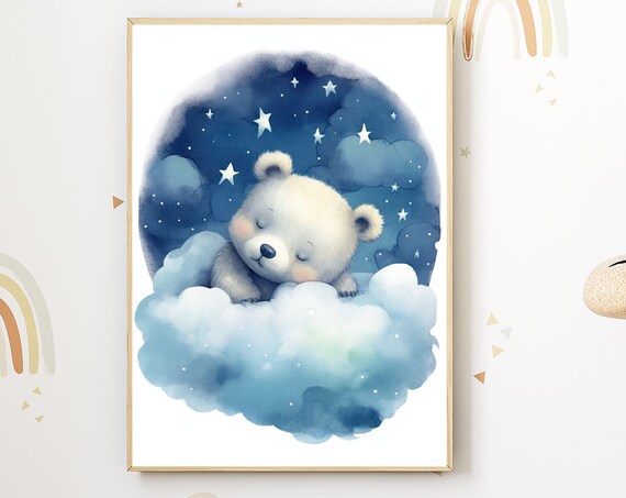 Baby Poster For Childrens Rooms Cute Bear On Clouds Dreamy Night Illustration Watercolor Decor Boys And Girls