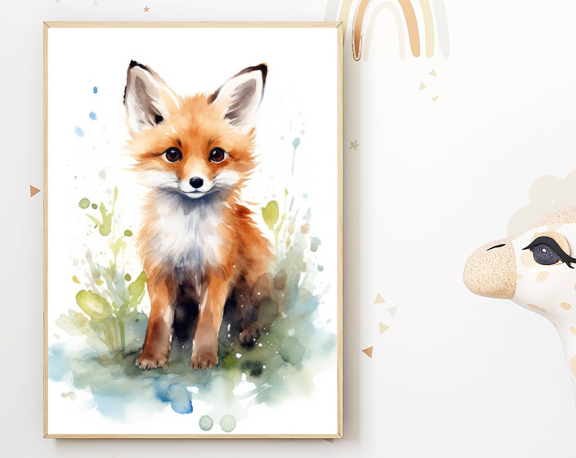 Wildlife Watercolor Fox Art Print, Forest Motif
