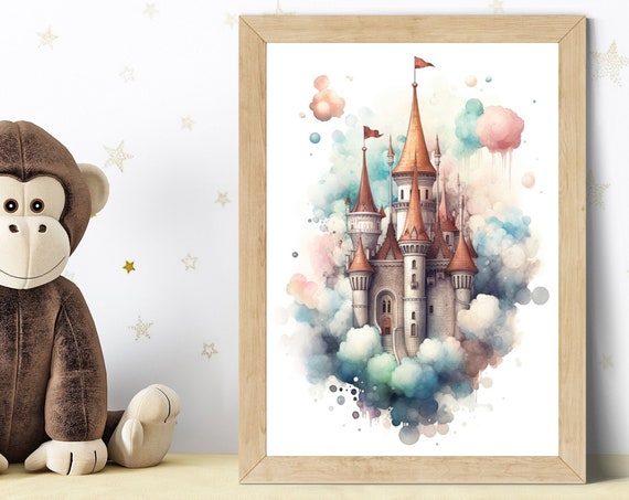 Childrens Room Poster Fantasy Castle With Clouds Watercolor Colorful Wall Picture Fairytale Playful Decoration Daydreaming