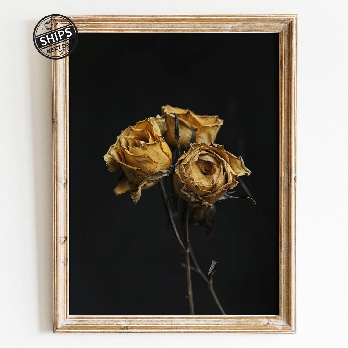 Vintage Moody Yellow Rose Art Print, Botanical