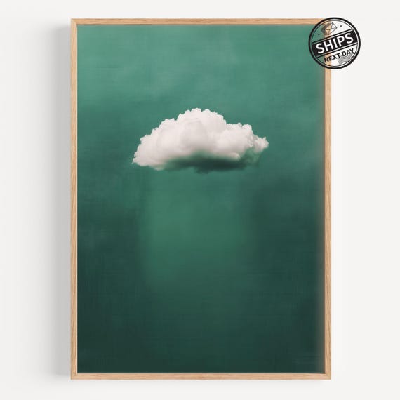Minimalist Cloud Wall Art Print Green Background Poster Surreal Nature Decor Modern Abstract Artwork For Home Or Office