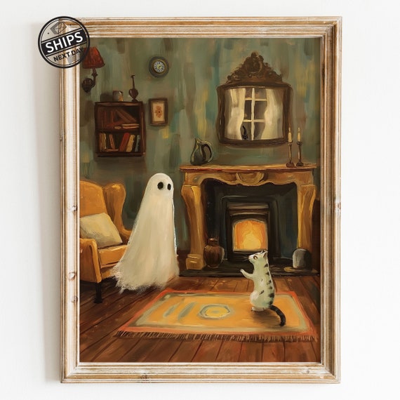 Painting Cat Print Gothic Art Gift Dark Academia Vintage Wall Poster