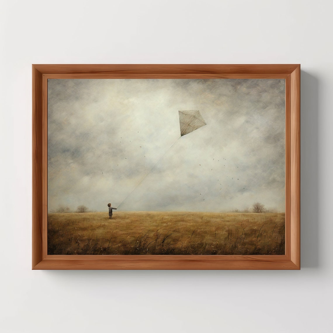 Child Flying Kite Over Misty Golden Field Moody Rustic Art Print