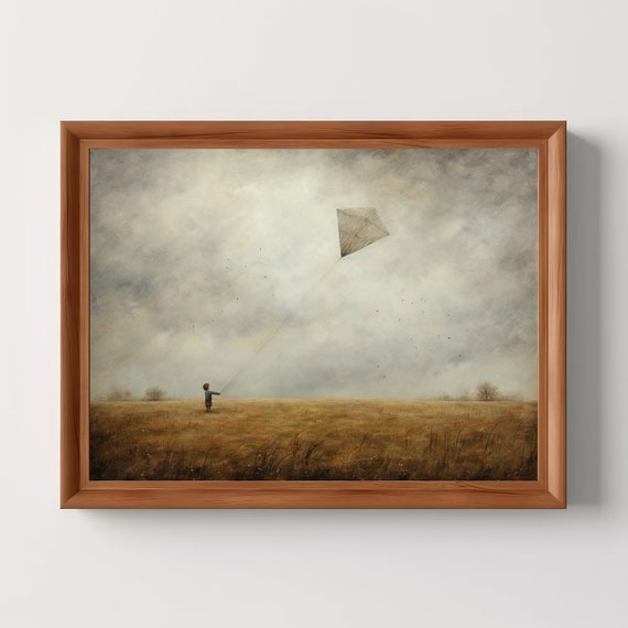 Kite Flying Art Child In Field Painting Pastoral Scene Vintage Print Rustic Country Decor Moody Wall