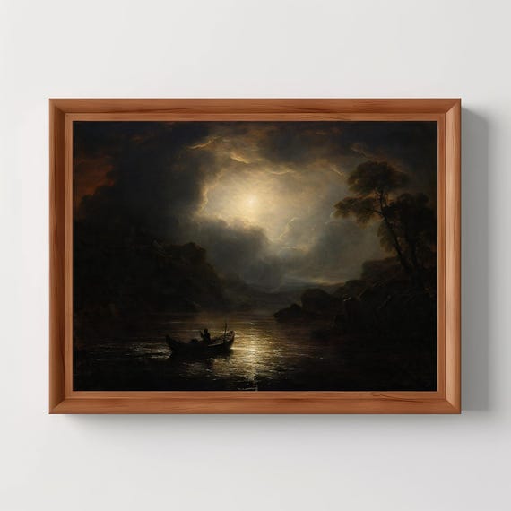 Moonlit Passage Vintage Boat Painting Dark Academia Moody Wall Art Gothic Home Decor Nautical Landscape