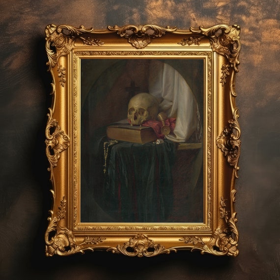 Skull And Book Still Life Dark Academia Moody Wall Art Vintage Antique Oil Painting