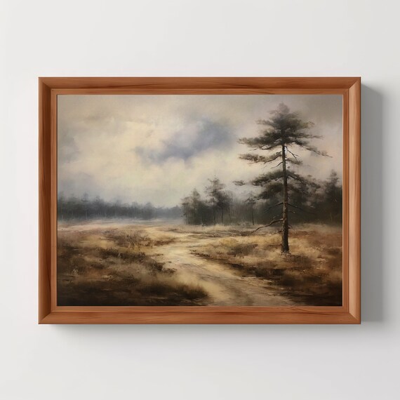 Misty Pine Forest Winding Path Moody Vintage Oil Painting Poster