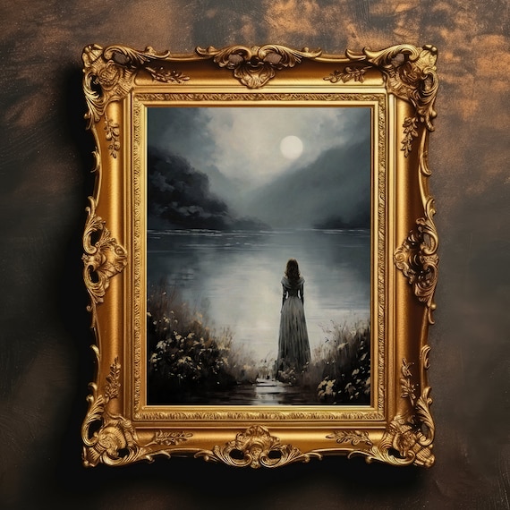 Woman at Moonlit Lake Victorian Dark Academia Moody Antique Poster